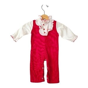 Vtg Handmade Onepiece Infant Girl 9-12 Months Red White Corduroy Ruffle